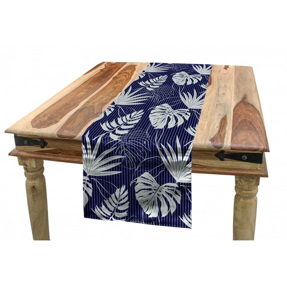 Leaves Table Runner, Hawaiian Flora Tropical Rainforest Monstera Leaves on Stripes, Dining Room Kitchen Rectangular Runner, 3 Sizes, by Ambesonne