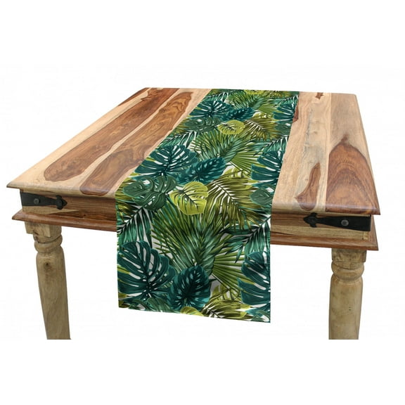 Leaves Table Runner, Tropical Hawaiian Rainforest Palm and Monstera, Dining Room Kitchen Rectangular Runner, 3 Sizes, by Ambesonne