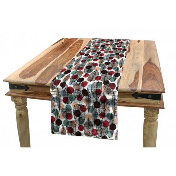 Leaves Table Runner, Vintage Colorful Dotted Background with Foliage Outline Pattern Abstract Nature, Dining Room Kitchen Rectangular Runner, 3 Sizes, by Ambesonne