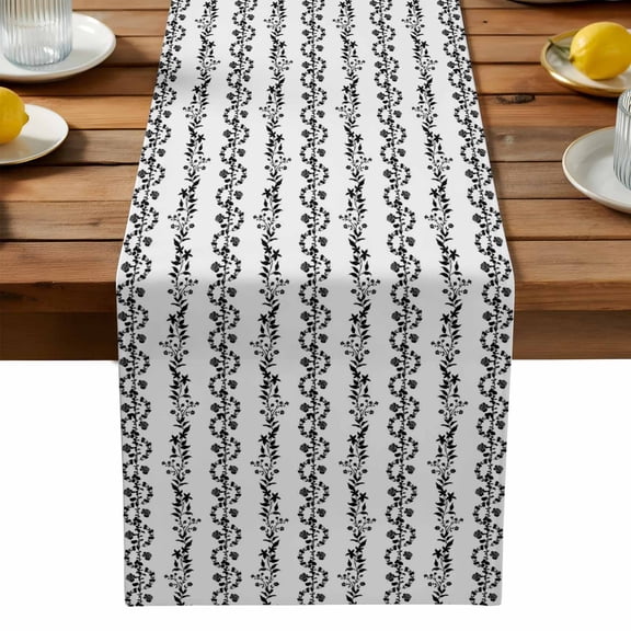 Leaves Table Runner, Watercolor Abstract Black Floral Leaf Stripes Washable Kitchen Table Runners Dress Scarves for Dining Table Decorations Party, 13x90in