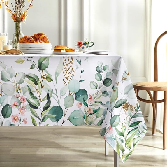 Leaves Tablecloth Waterproof Spring Summer Eucalyptus Leaf Tablecloth Rectangle Green Plants Flowers Table Cloth Wildflowes Floral Stain Resistant Table Cover for Kitchen Picnic Party 60"x84"