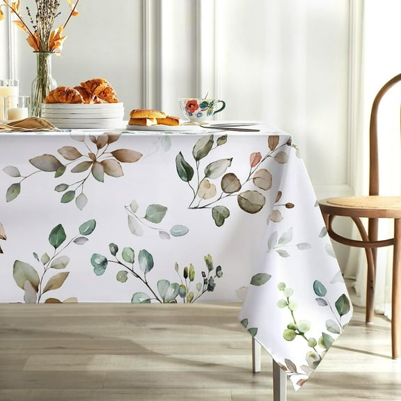 Leaves Tablecloth Waterproof Spring Winter Green Eucalyptus Leaf Tablecloth Rectangle Fall Autumn Table Cloth Watercolor Plants Stain Resistant Table Covers for Kitchen Picnic Party 60"x84"