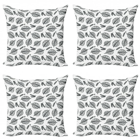 Ambesonne Leaves Throw Pillow Cover 4 Pack, Birch Detail Sketch Foliage, 18", White and Charcoal Grey