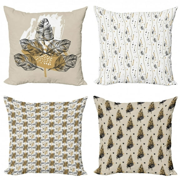 Ambesonne Leaves Throw Pillow Cover 4 Pack, Earthy Toned Outline Foliage, 16", Pale Brown and Charcoal Grey