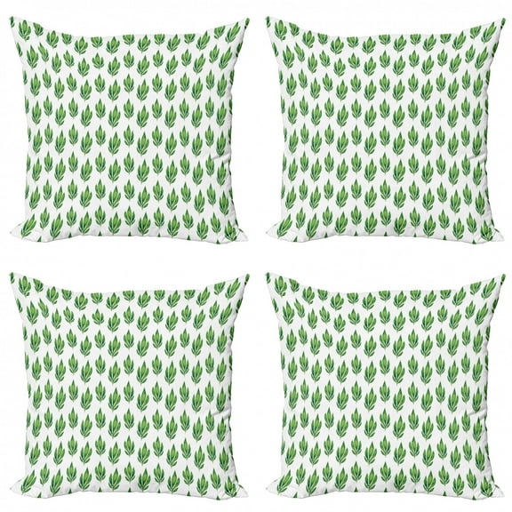 Leaves Throw Pillow Cushion Case Pack of 4, Herbal Pattern with Watercolor Foliage Tropical Nature Illustration Grunge Design, Modern Accent Double-Sided Print, 4 Sizes, Green White, by Ambesonne