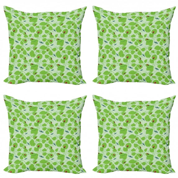 Ambesonne Leaves Throw Pillow Cover 4 Pack, Green Nature Insects, 16", Green Multicolor