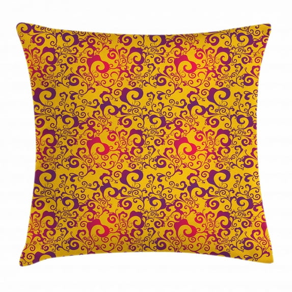 Leaves Throw Pillow Cushion Cover, Antique Swirled Foliage with Ombre Effect Vintage Curlicues, Decorative Square Accent Pillow Case, 24 X 24 Inches, Earth Yellow Purple and Magenta, by Ambesonne