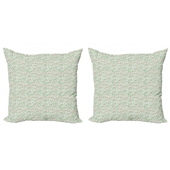Leaves Throw Pillow Cushion Cover Pack of 2, Flourishing Nature Theme with Fresh Foliage Flower Blooms and Sparrows, Zippered Double-Side Digital Print, 4 Sizes, Green Pink Olive Green, by Ambesonne