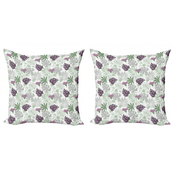Ambesonne Leaves Throw Pillow Cover 2 Pack, Tropical Botany Design, 18", Eggplant Green Grey