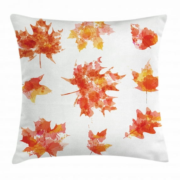 Leaves Throw Pillow Cushion Cover, Watercolor Effect Autumn Season Maple Leaf Pattern Canadian Foliage, Decorative Square Accent Pillow Case, 18 X 18 Inches, Burnt Orange Yellow Orange, by Ambesonne