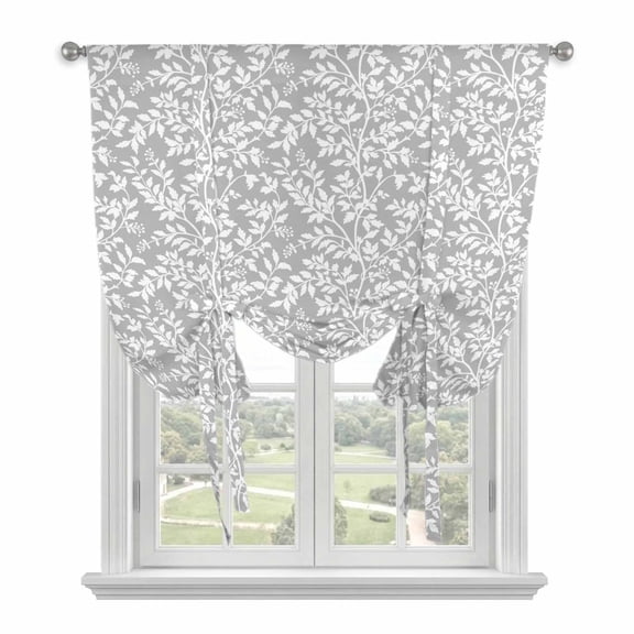Leaves Tie Up Curtain for Window, White Floral Leaf Branch Plant Grey Background Adjustable Tie Up Balloon Curtain Valances Rod Pocket Window Treatment for Kitchen Bathroom Bedroom 34"x45"