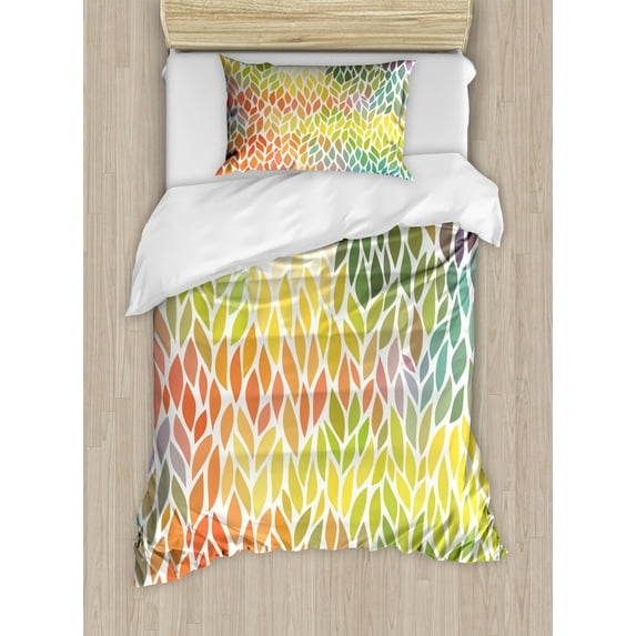 Leaves Twin Size Duvet Cover Set, Funky Floral Pattern in the Colors of All Seasons Refreshing Environment Ecology, Decorative 2 Piece Bedding Set with 1 Pillow Sham, Multicolor, by Ambesonne