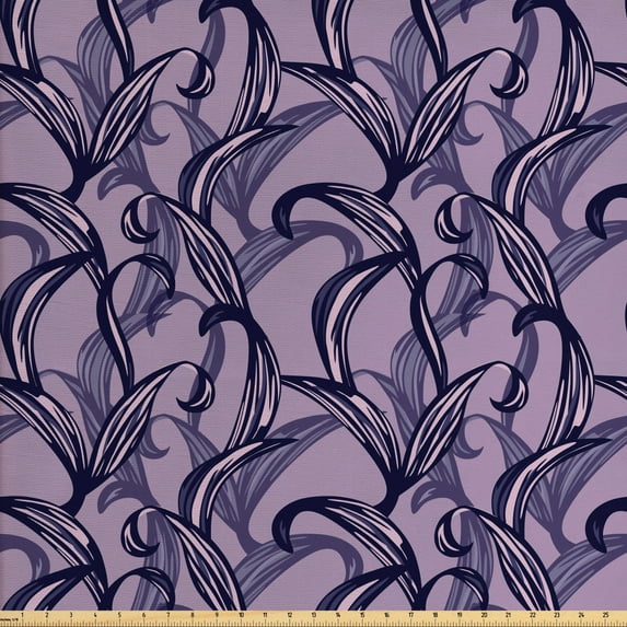 Leaves Upholstery Fabric by the Yard, Digitally Generated Long Floral Items in Monochrome, Decorative Fabric for DIY and Home Accents, Lilac Indigo by Ambesonne