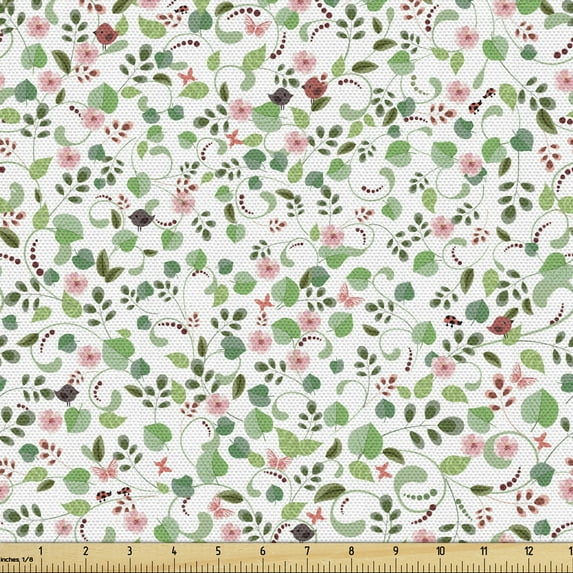 Leaves Upholstery Fabric by the Yard, Flourishing Nature Theme with Fresh Foliage Flower Blooms and Sparrows, Decorative Fabric for DIY and Home Accents, Green Pink Olive Green by Ambesonne