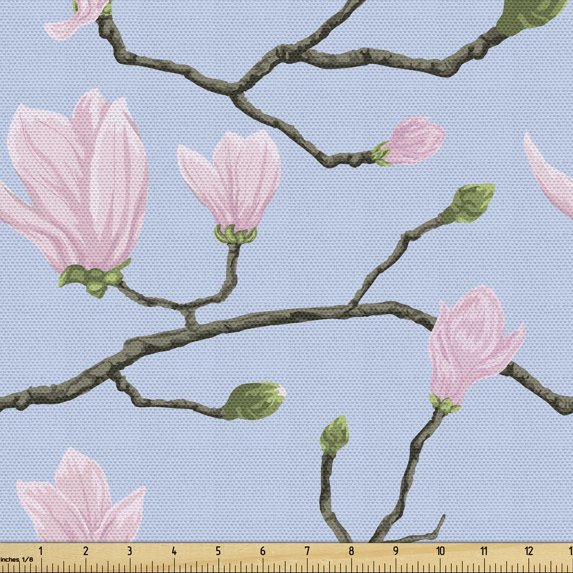 Ambesonne Leaves Fabric by the Yard Upholstery, Flourishing Theme Leaf, 1 Yard, Ceil Blue Brown and Pink