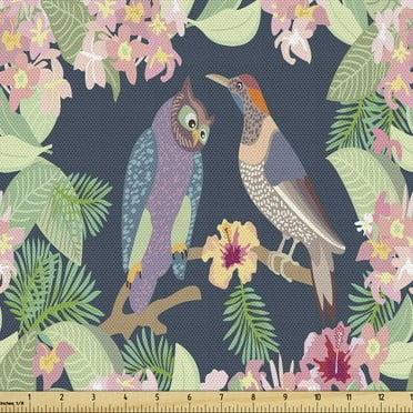 Ambesonne Leaves Fabric by the Yard Upholstery, Exotic Birds Owl Avian, 5 Yards, Multicolor