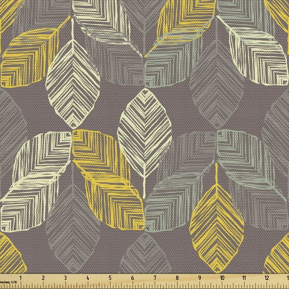 Ambesonne Leaves Fabric by the Yard Upholstery, Ornate Botanical Elements, 1 Yard, Mauve Taupe Multicolor
