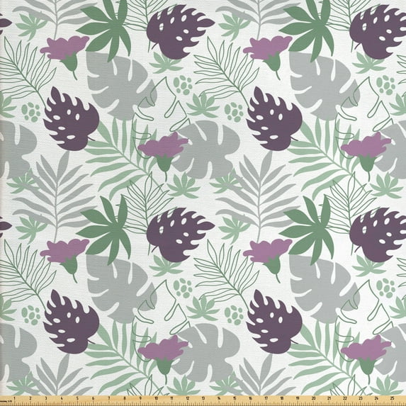 Ambesonne Leaves Fabric by the Yard Upholstery, Tropical Botany Design, 5 Yards, Eggplant Green Grey