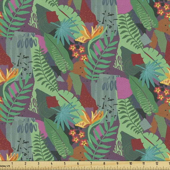 Ambesonne Leaves Fabric by the Yard Upholstery, Tropical Jungle Composition, 3 Yards, Multicolor