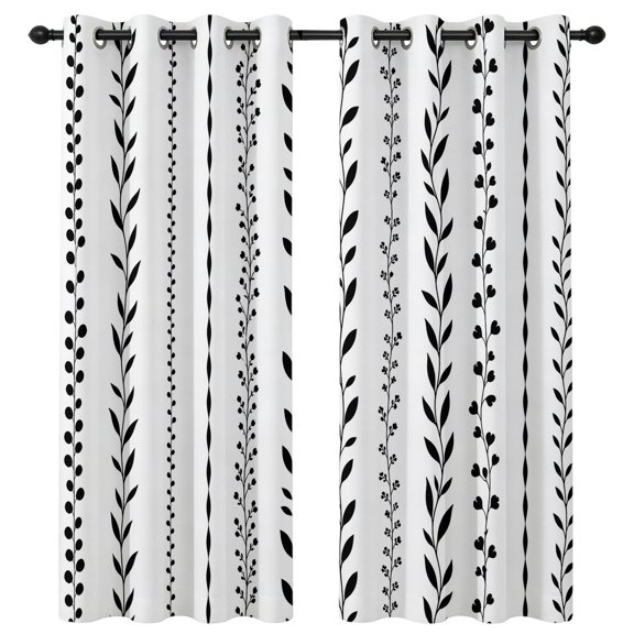 Leaves Vertical Stripe Blackout Curtains 96 Inches Long, Rustic Minimalist Floral Black Vine Stems Thermal Insulated Room Darkening Drapes with Grommets for Living Room 52"W x 96"L, 2 Panels