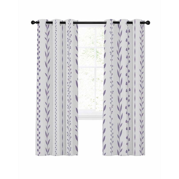 Leaves Vertical Stripe Blackout Curtains for Bedroom Living Room, Rustic Minimalist Floral Purple Vine Stems 84 In Long Thermal Insulated Room Darkening Drapes Grommet Window Treatments, 52 x 84 In