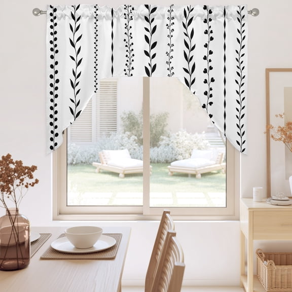 Leaves Vertical Stripe Swag Valance for Windows, Rustic Minimalist Floral Black Vine Stems Swag Curtains Valances for Small Window Treatment Rod Pocket for Kitchen Bathroom 1 Panel 56x36in