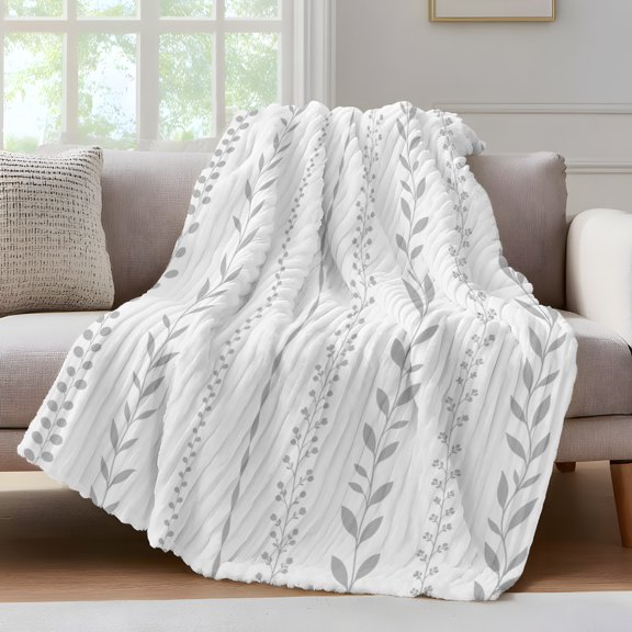 Leaves Vertical Stripe Throw Blanket for Couch Rustic Minimalist Floral Gray Vine Stems Soft and Warm Flannel 3D Striped Fluffy Fuzzy Fleece Blanket Lightweight Throw for Bed, Sofa 30 x 40 Inches