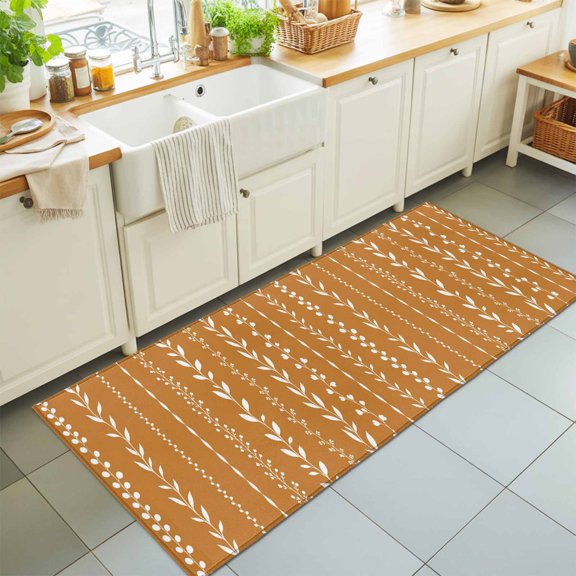 Leaves Vertical Stripe Washable Runner Rugs 2'x6', Rustic Minimalist Floral Brown White Vine Washable Runner Rug Non-Slip Sturdy Edge Binding Carpet for Bedside Hallway Runner Kitchen Galley