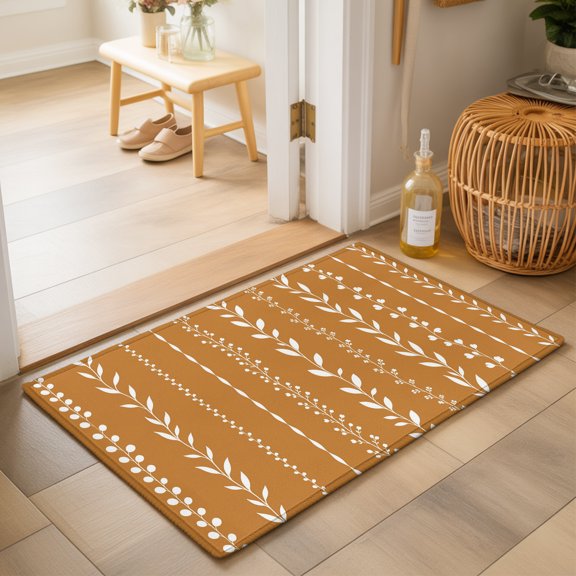 Leaves Vertical Stripe Washable Small Entryway Area Rugs 2'x3', Rustic Minimalist Floral Brown White Vine Washable Throw Rug Non-Slip Sturdy Edge Binding Carpet for Front Door Floor Room Entry
