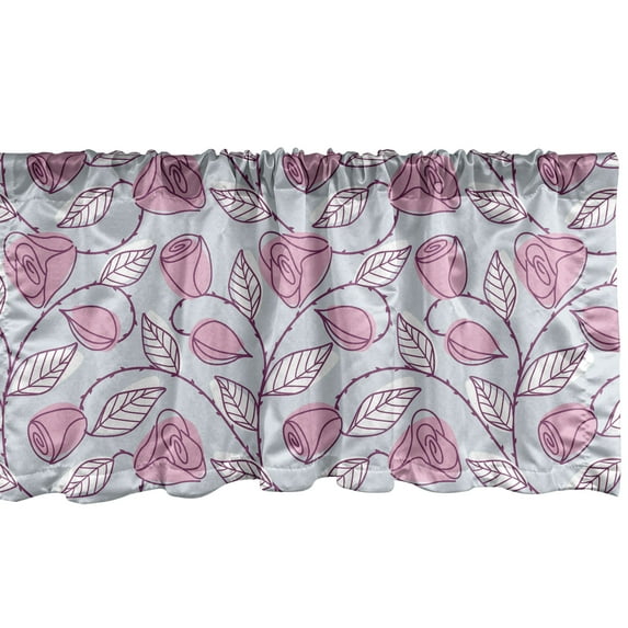 Leaves Window Valance, Rhythmic Pastel Tone Rose Flowers Sketch Leaves Foliage Motifs Illustration, Curtain Valance for Kitchen Bedroom with Rod Pocket, 54" X 12", Pale Blue Pale Pink, by Ambesonne