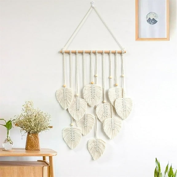 Leaves Woven Tapestry, Yayun Macrame Wall Hanging Leaves with 20 wood Clips, Handmade Leaf Wall Hanging for Nursery, Bedroom, Living Room, Beige (26.8x15.8in)
