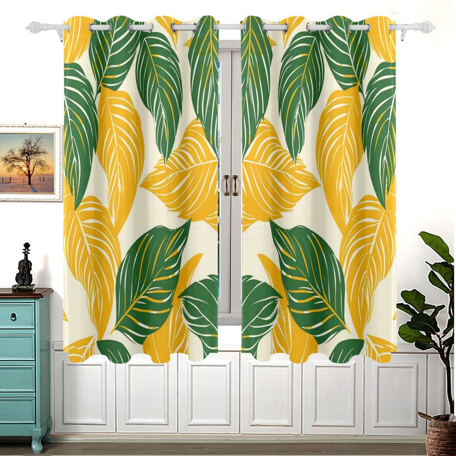 Leaves Yellow Green Curtains Black Out Curtains for Sliding Glass Doors ...