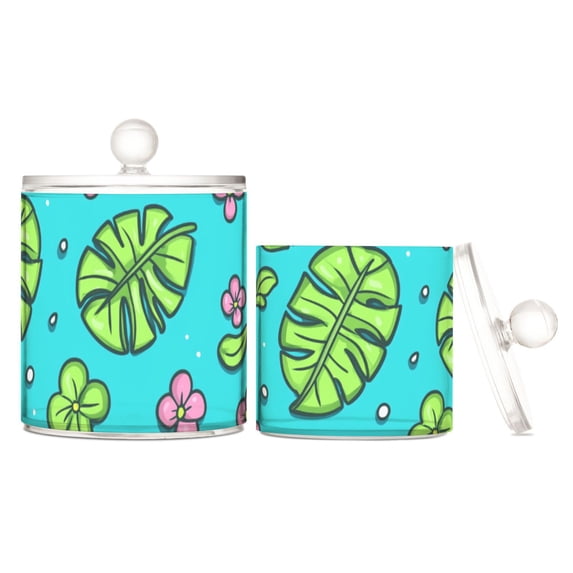 Leaves and Flowers Pattern Translucent Plastic Cotton Swabs Canisters Large Medium Set