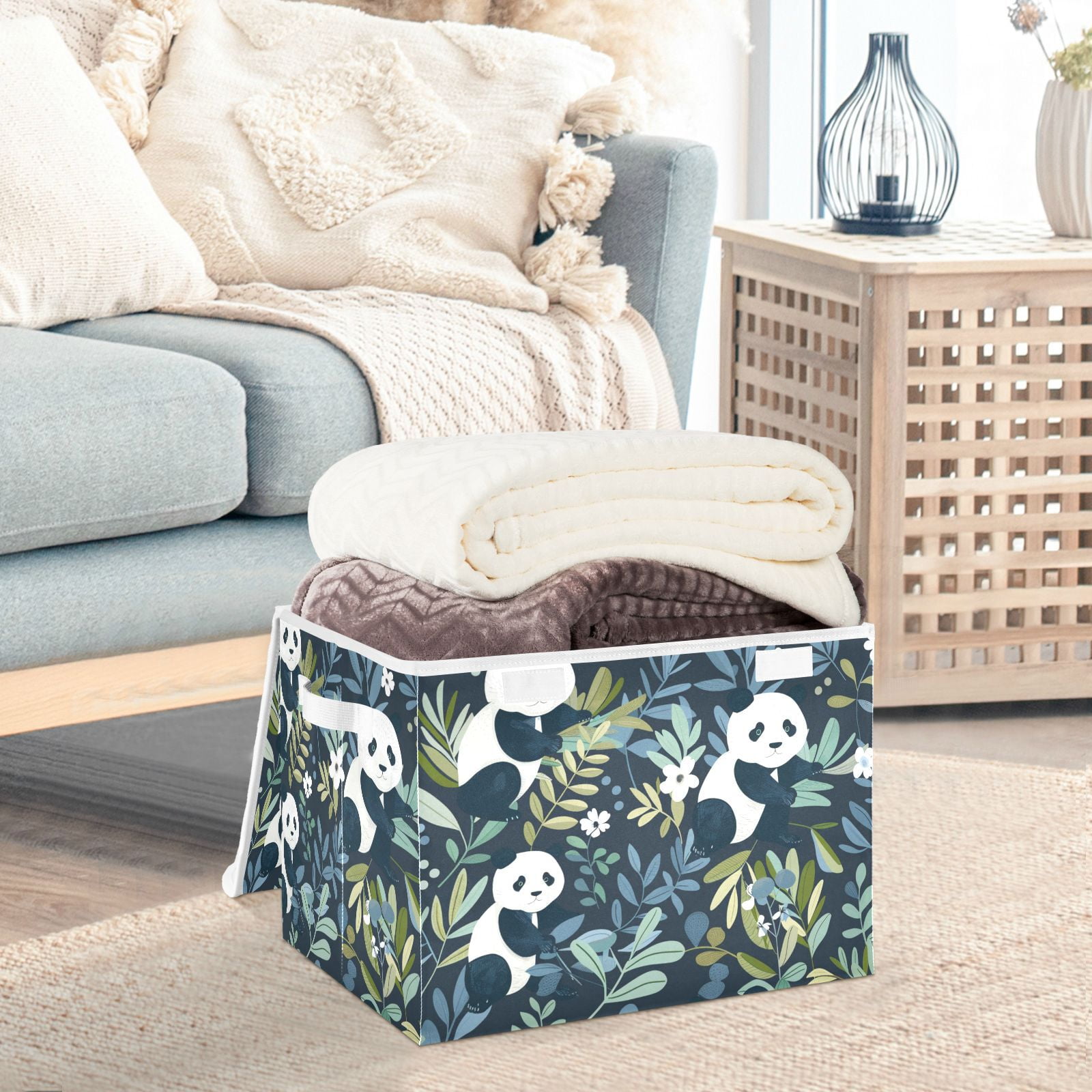 Leaves and Panda Storage Basket Foldable Laundry Basket Shelf Kids Toy ...
