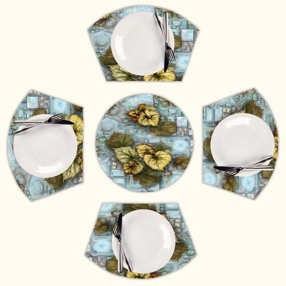 Leaves circuit board pattern art Round Table Placemats Set Of 5 Wedge Table Mats Washable Heat Resistant Place Mat For Dining Table Kitchen Farmhouse Restaurant