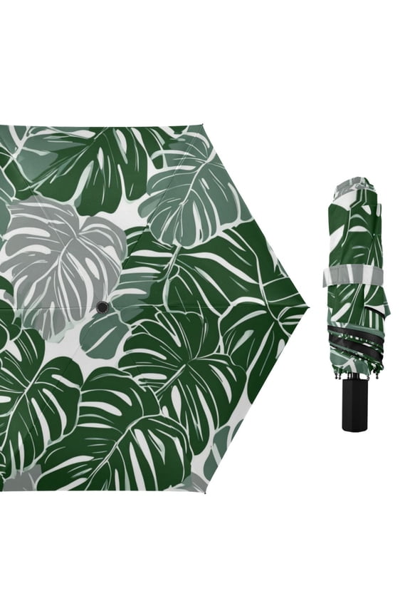 Leaves in Green and Gray All Weather Umbrella Triple Folding Parasol 6 Ribs UV Protection Portable