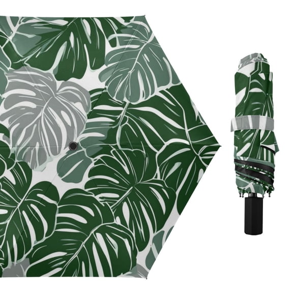Leaves in Green and Gray All Weather Umbrella Triple Folding Parasol 6 Ribs UV Protection Portable