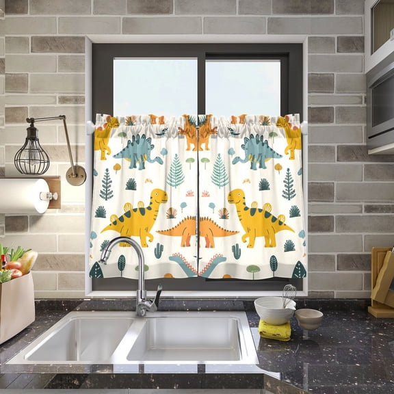 Leaves with Dinosaurs Kitchen Curtains Half Tier Curtain 2 Rod Pockets Bathroom Bedroom Cupborad Living Room 27"x24"
