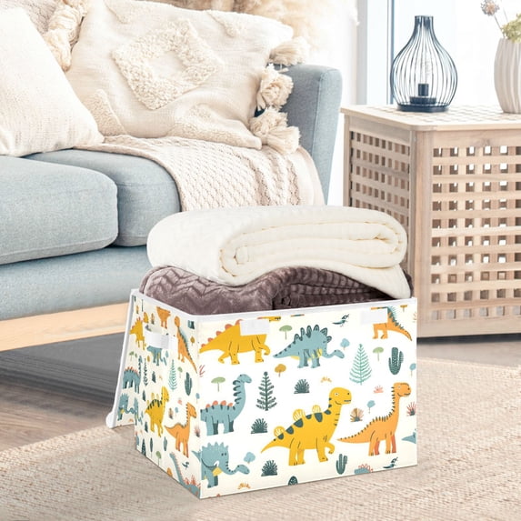 Leaves with Dinosaurs Storage Basket Foldable Laundry Basket Shelf Kids Toy Storage Container Organizer with Handles