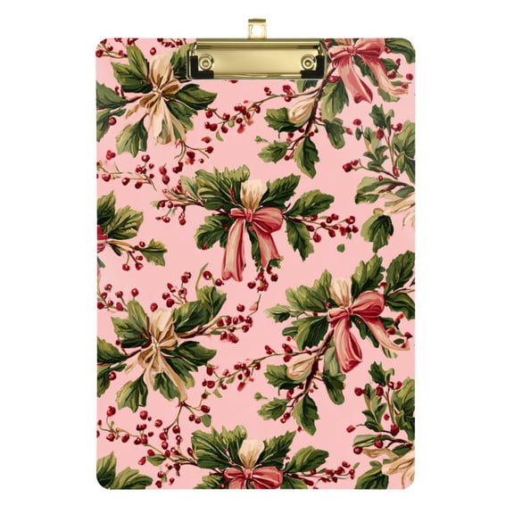 Leaves with Pink Bows Christmas Acrylic Clipboard Drawing Board with Hook Writing Pad File Storage A4 Size Gold 12.5" x 9"