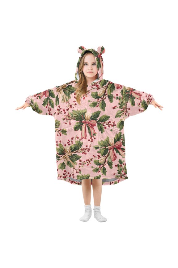 Leaves with Pink Bows Christmas Flannel Wearable Blankets Hooded Design Long Sleeves Wrap Unisex for 3T-14Y S