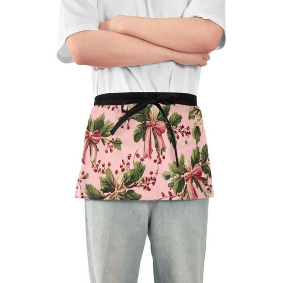 Leaves with Pink Bows Christmas Short Server Apron with 3 Pockets for Unisex Chef Gardening