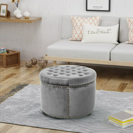 Leavitt Luxurious Emerald Velvet Round Ottoman with Studded Rim, Grey