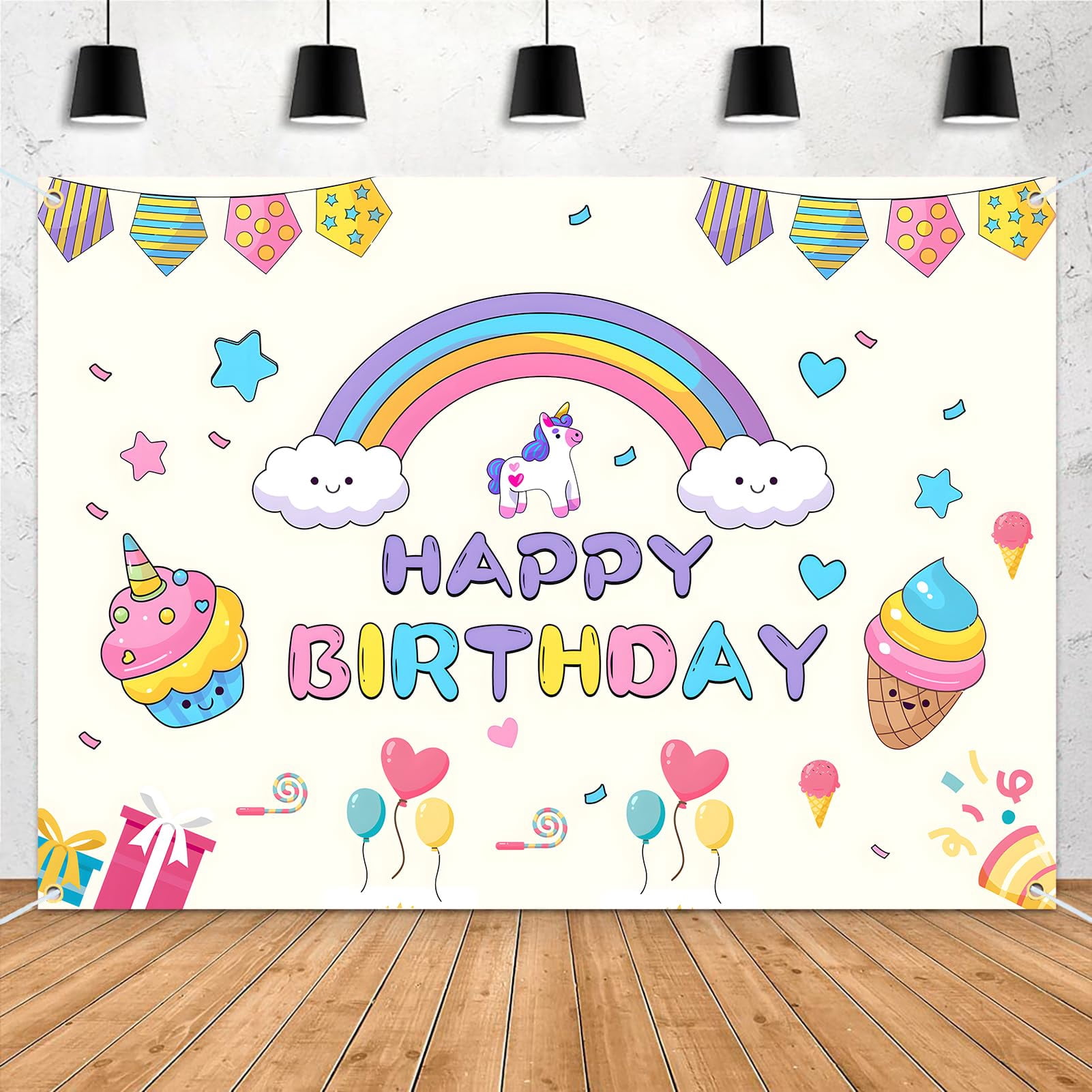 Cute Pink Unicorn Circle Happy Birthday Backdrop For Party