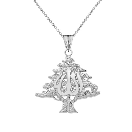 Lebanese Cedar Tree With (ALLAH)Pendant Necklace In Sterling Silver, 16" Chain