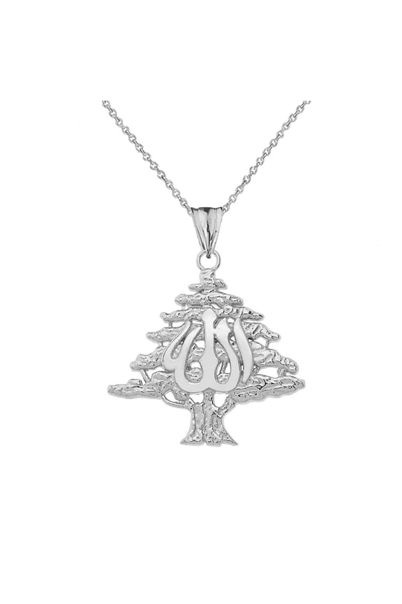 Lebanese Cedar Tree With (ALLAH)Pendant Necklace In Sterling Silver, 22" Chain