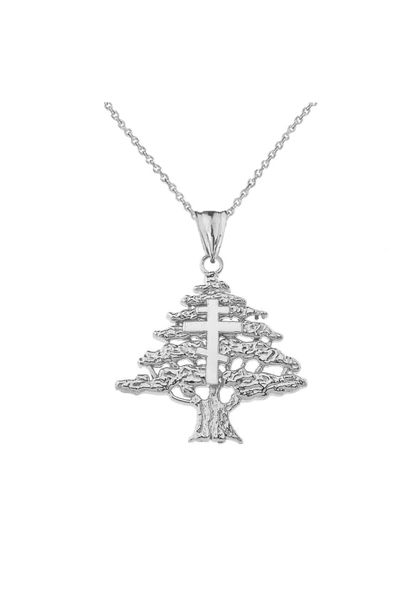 Lebanese Cedar Tree With Orthodox Cross Pendant Necklace In Sterling Silver, 22" Chain