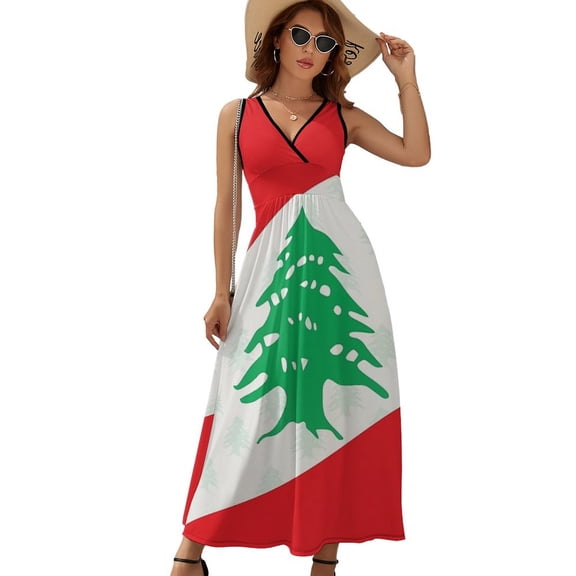 Lebanon Flag Womens Night Club Maxi Dress V Neck Sleeveless Bohemia Long Dresses