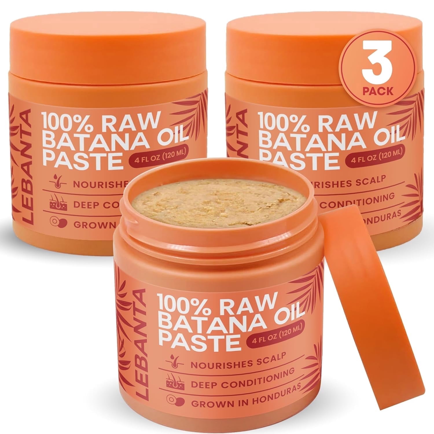Lebanta Raw Batana Oil for Hair Growth - 100% Pure, Organic 4oz Batana from Honduras for Thick and Strong Natural Hair - Dr. Sebi Unrefined Cold Pressed Cosmetic Scalp Mask for Men & Women (3 Pack)