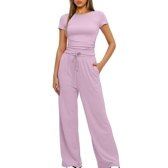 LebonYard Women's 2 Piece Outfits Lounge Sets Ruched Short Sleeve Tops and High Waisted Wide Leg Pants Tracksuit Sets Solid Color Pink